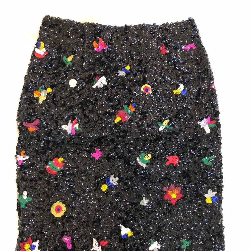 SUNO Black Sequin Pencil Skirt with Multicolor Embroidered Accents